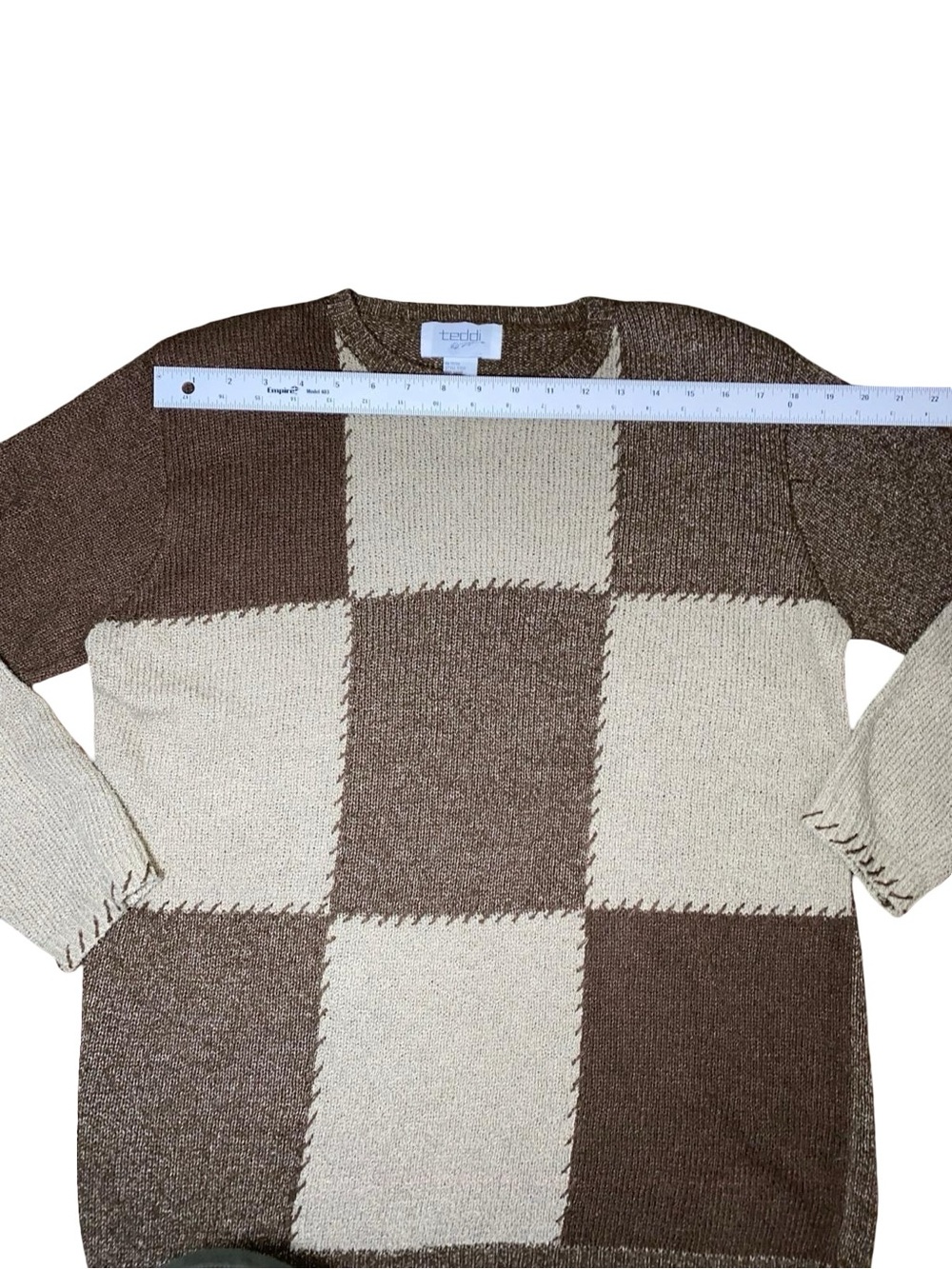Vintage Teddi Patchwork Knit Crewneck Sweater Brown Grey Block Stitch Size M - Picture 4 of 9